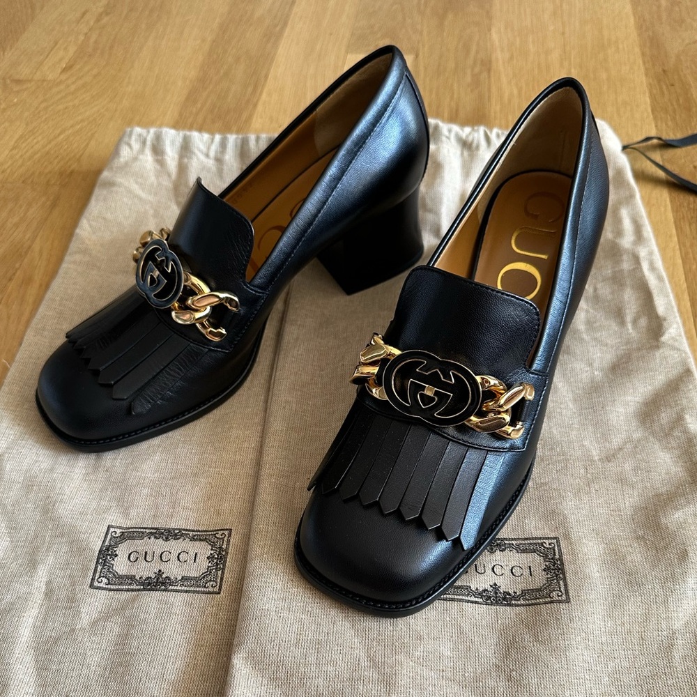 Gucci Heel Fringe Women’s Shoe Size 37 New Authentic With Dust Bags